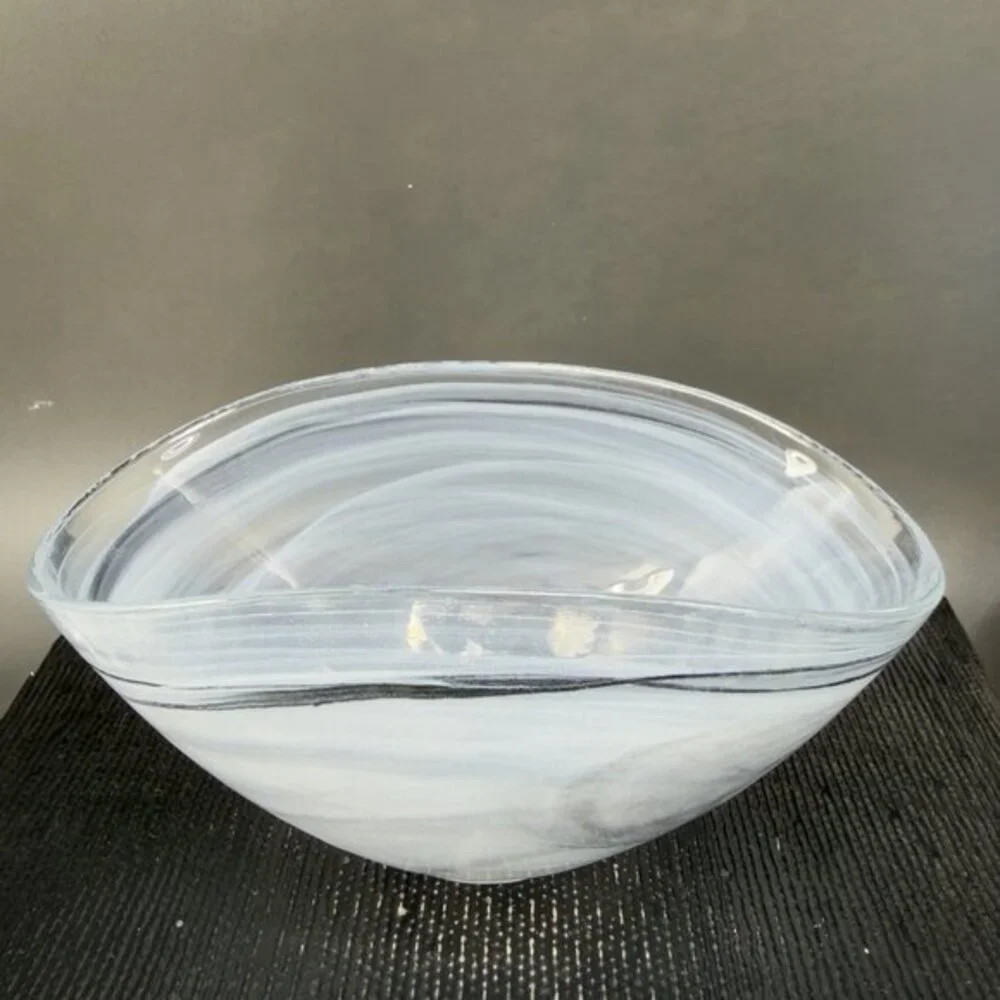 Venetian‎ Art Glass Curved Dish Bowl Recycle Glass Black Swirl Pattern Italy VTG